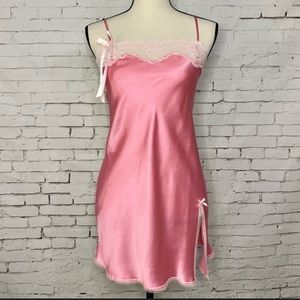 Y2k Victoria's Secret LIGHT Pink Satin Slip Dress w/ Pink Floral Lace Trim